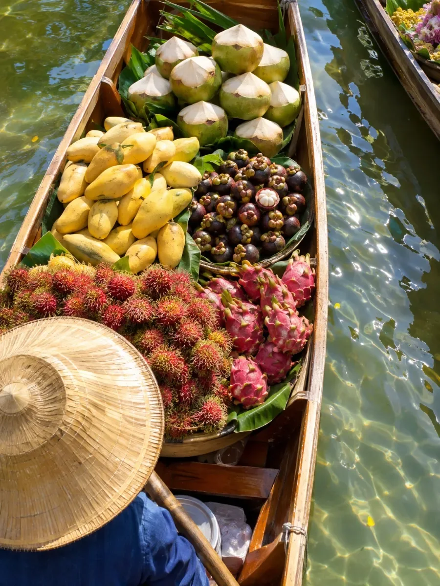Blick hinab in ein Holzboot, beladen mit Mangos, Mangostanen und Kokosnüssen auf dem khlong