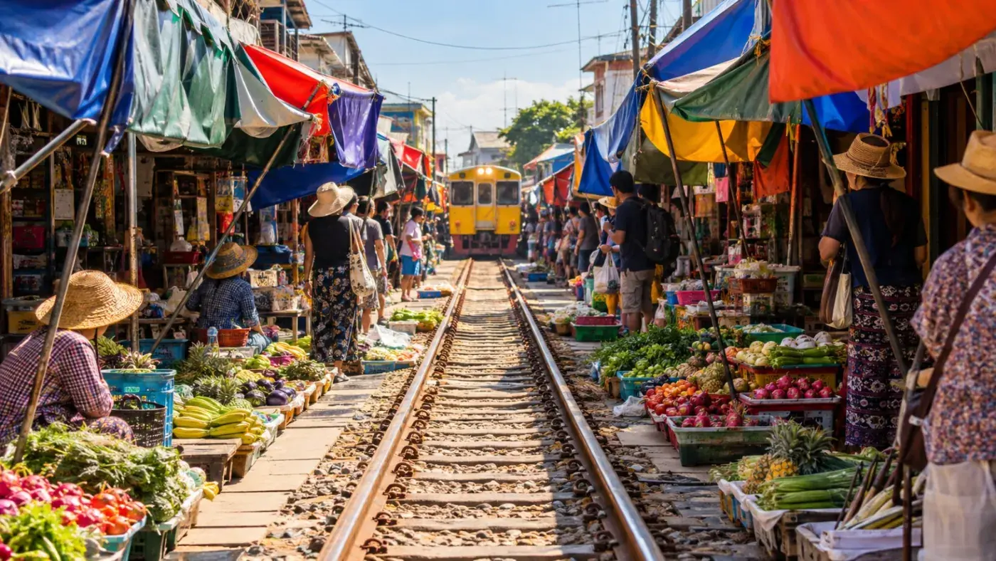 Reihen von Überdachungen über den Gleisen des Maeklong Railway Market mit einem herannahenden Zug